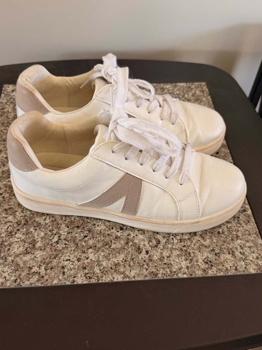 Altar’d State Women’s White Leather Low-Top Sneakers with Taupe Accents